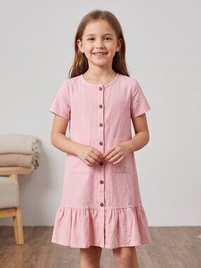 NWT Girl’s Pink Button-Up Dress with Pockets – Size 8-9